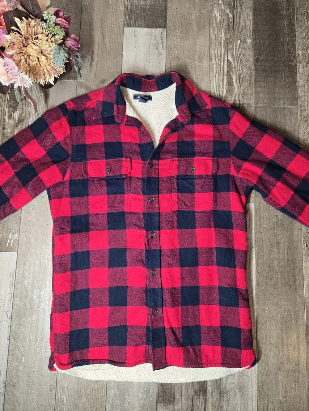 Lands’ End Red & Navy Buffalo Plaid Sherpa-Lined Shacket Men's Size Small